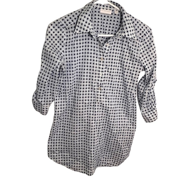 New York & Co Popover Tunic Top White Navy Geometric S - Picture 1 of 10